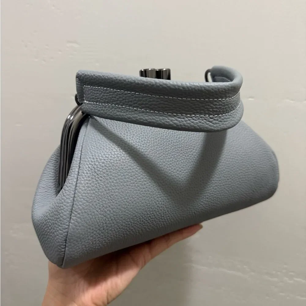Gray Togo Cowhide Calfskin Handmade Kisslock Wristlet, Shoulder Bag, Crossbody